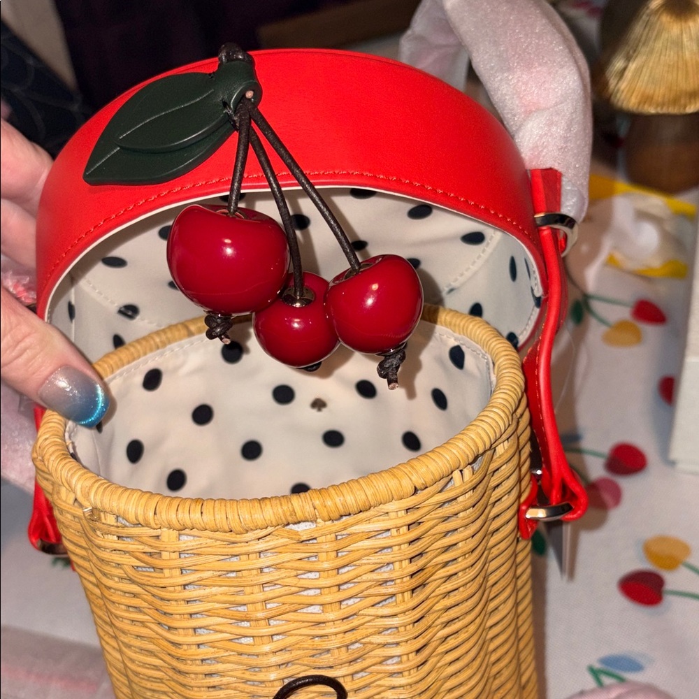NWT, Rare kate spade Red Leather & Wicker Cherry Bucket Crossbody - Picture 15 of 16